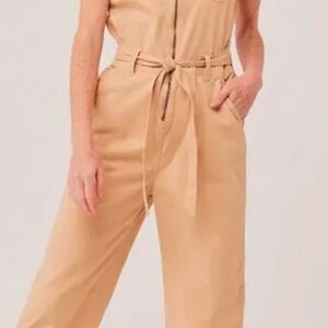 Pact Beige Belted Zipper Jumpsuit